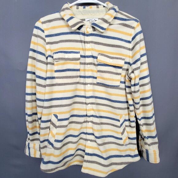 O’Neill Fleece Shacket Striped Cream Yellow Navy Snap Front Cozy Retro Casual - Picture 1 of 12